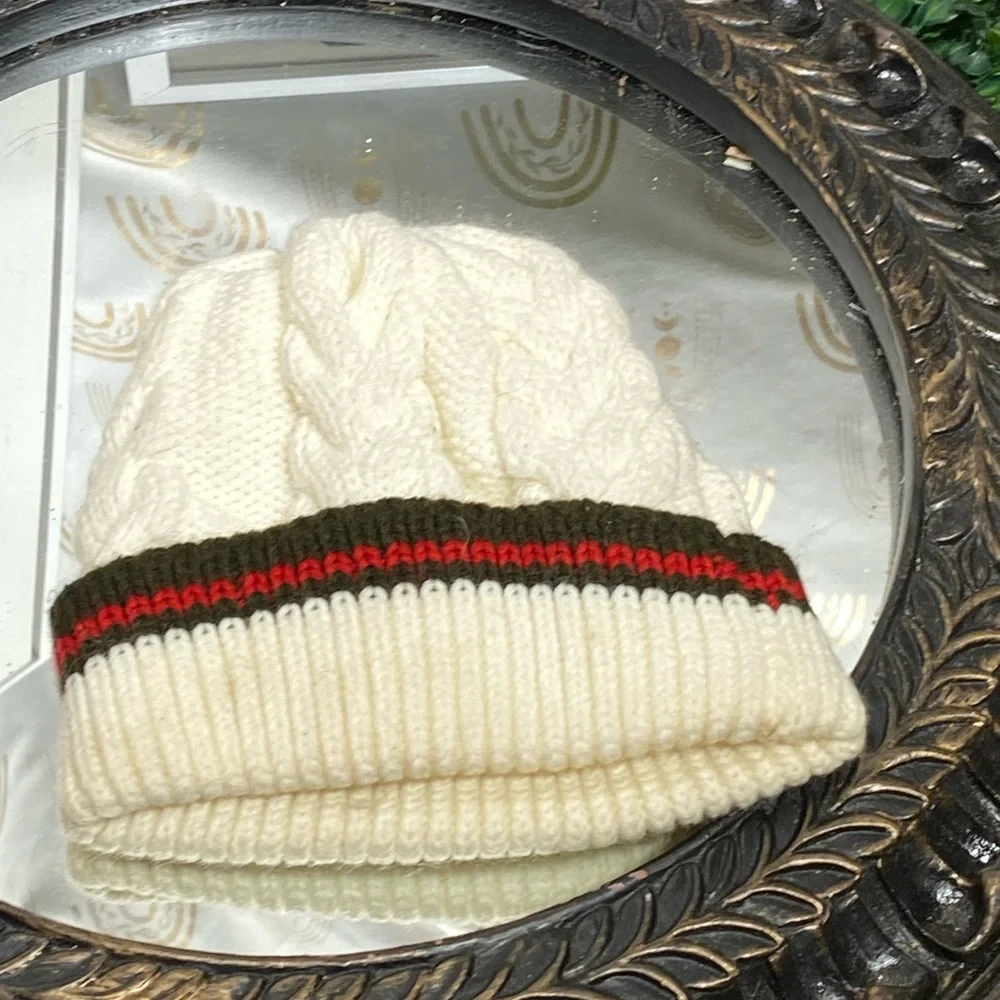 Cream Knit Beanie with Green and Red Stripe